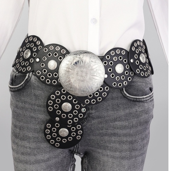 Accessories - Boho Vegan Leather Grommet Statement Round Buckle Wide Belt
